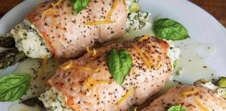 Asparagus Stuffed Salmon Rolls with Lemon Sauce