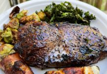 New York strip, crispy Brussels, kale chips and jalapeño poppers New York strip, crispy Brussels, kale chips and jalapeño poppers