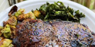 New York strip, crispy Brussels, kale chips and jalapeño poppers New York strip, crispy Brussels, kale chips and jalapeño poppers