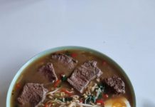 Keto ramen soup with homemade bone broth, shirataki noodles, beef, eggs, spinach and veggies! Keto ramen soup