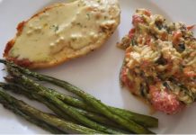 Creamy Lemon Chicken with Garlic (with zucchini baked feta/tomatoes and asparagus) Creamy Lemon Chicken with Garlic